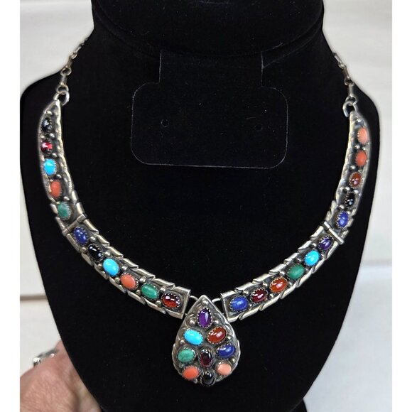 Vintage Native American Necklace Turquoise & Multi Stone Makers Mark Test 925 - Picture 12 of 13